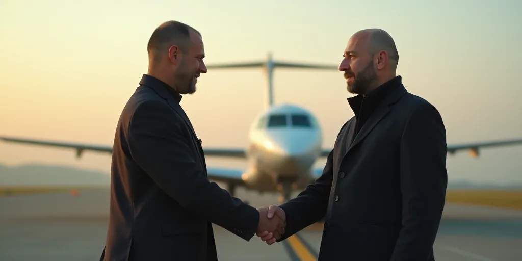 two men shaking hands in front of a plane on the runway of an airport with a plane in the background