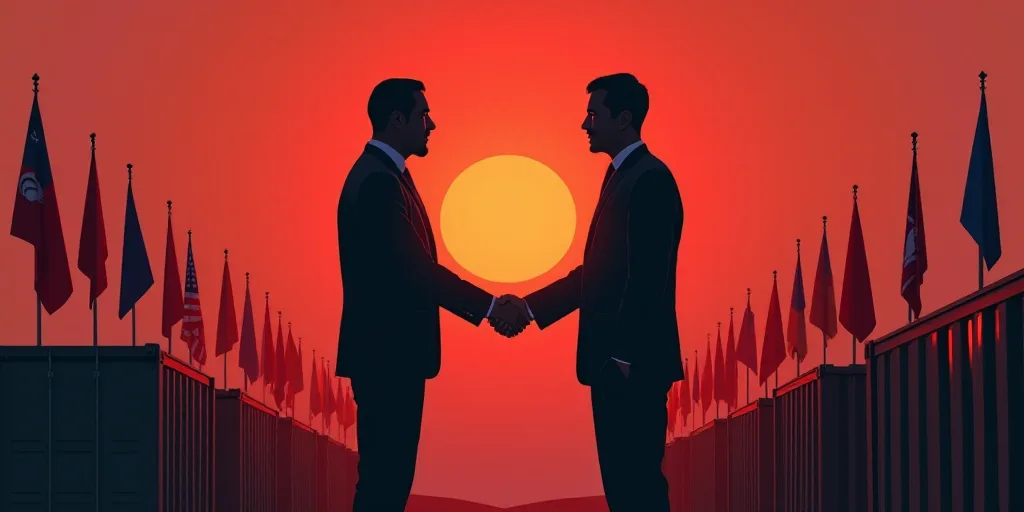 two men shaking hands in front of a backdrop of flags and containers with a red sky in the backgroun
