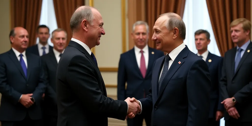 two men shaking hands in front of other men in suits and ties in a room with curtains and drapes, Bo