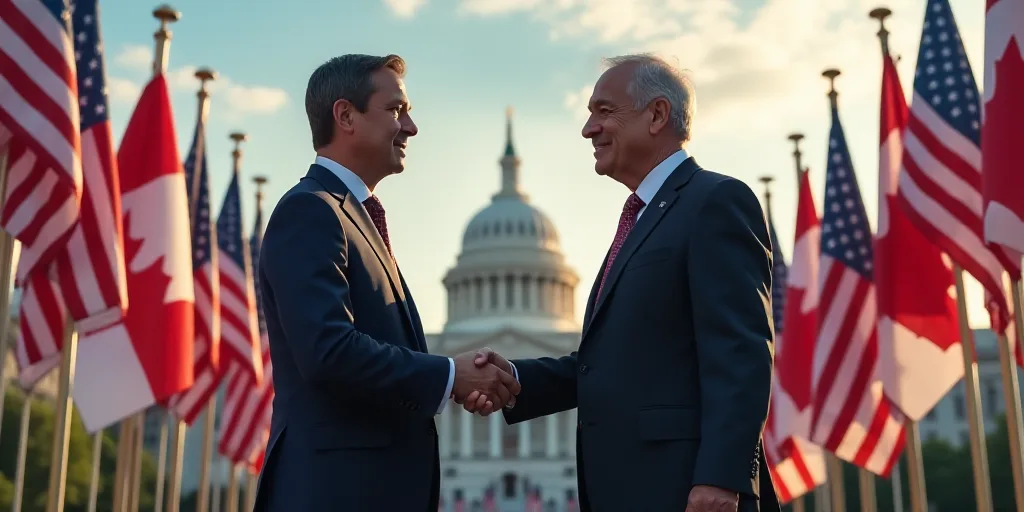 two men shaking hands in front of a backdrop of flags and a building with a flag of canada on it, Aq
