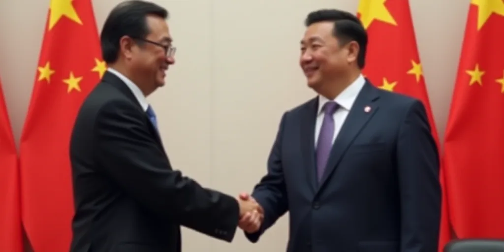 two men shaking hands in front of flags and flags in the background, one wearing a suit and the othe
