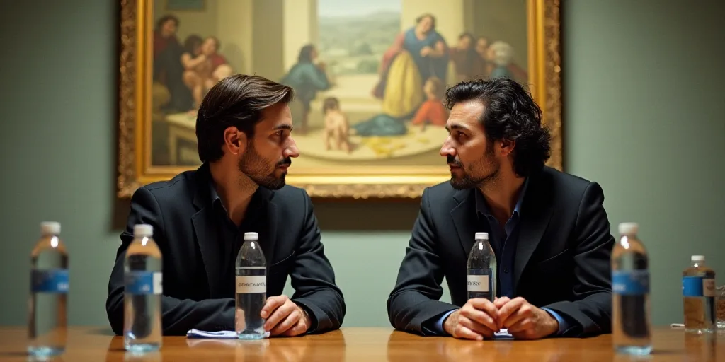 two men sitting at a table with bottled water bottles on it and a painting behind them, both of them