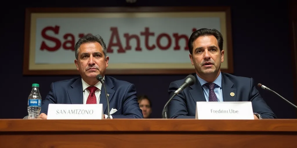 two men sitting at a table with microphones in front of them and a sign behind them that says san an