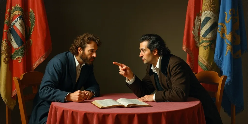 two men sitting at a table with flags behind them and one man pointing at something in the distance