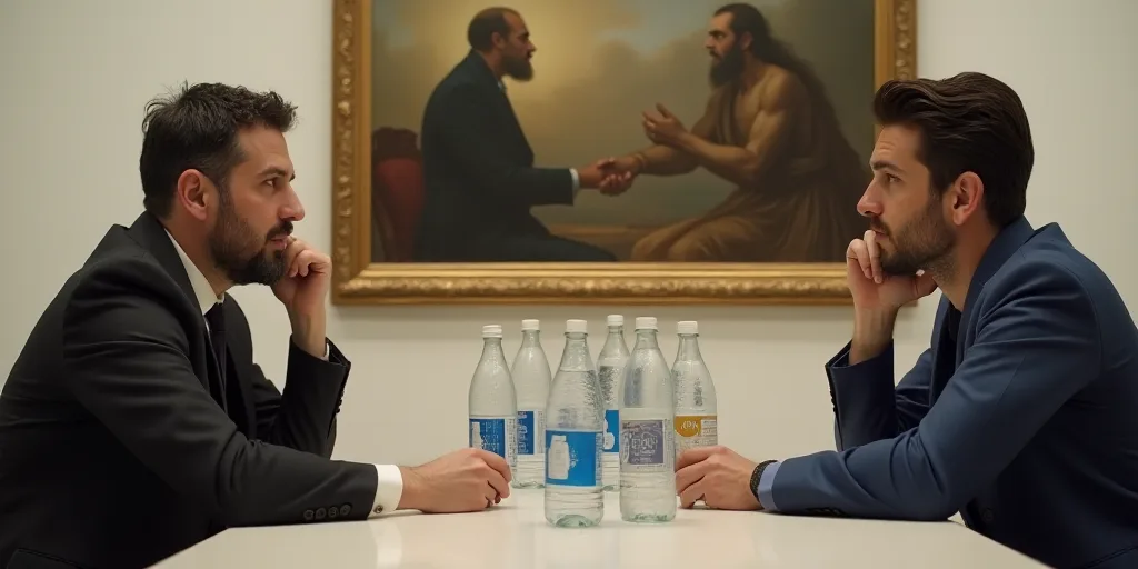 two men sitting at a table with bottled water bottles on it and a painting behind them, both of them