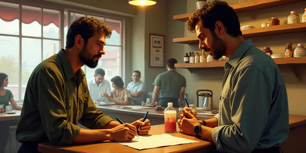 two men standing at a counter in a restaurant, one of them is signing a paper and the other is looki