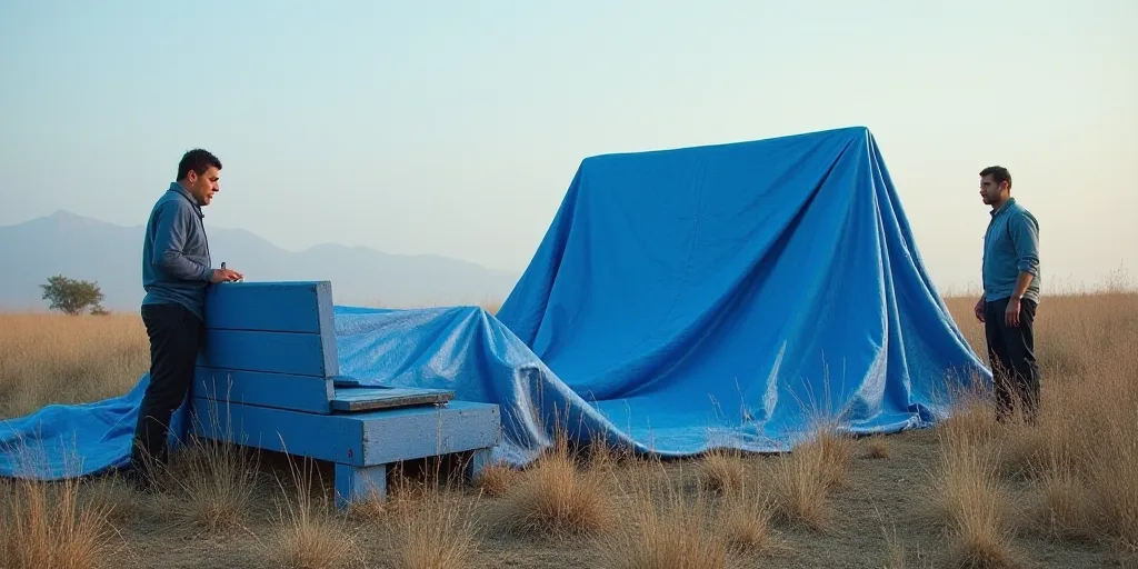 two men standing in a field with a blue tarp covering them and a blue bench with a blue tarp coverin