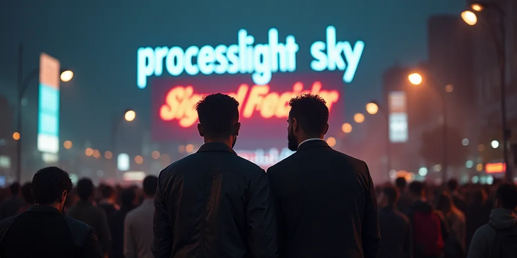 two men standing next to each other in front of a sign that says processlight sky on it and a crowd