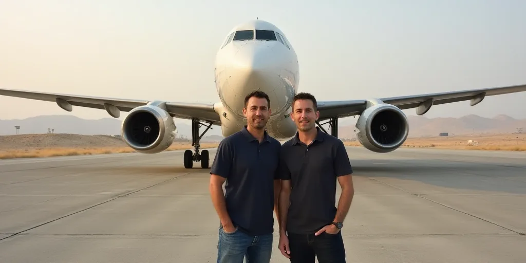 two men standing next to each other in front of a large airplane on a stage with a backdrop of a des