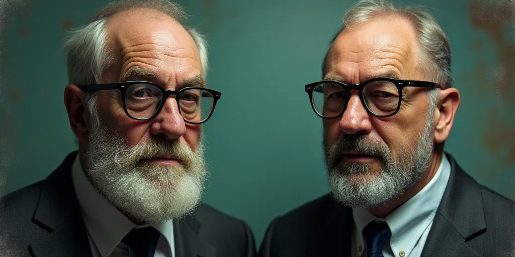 two men with glasses and beards one is older and the other is younger than the other man with glasse