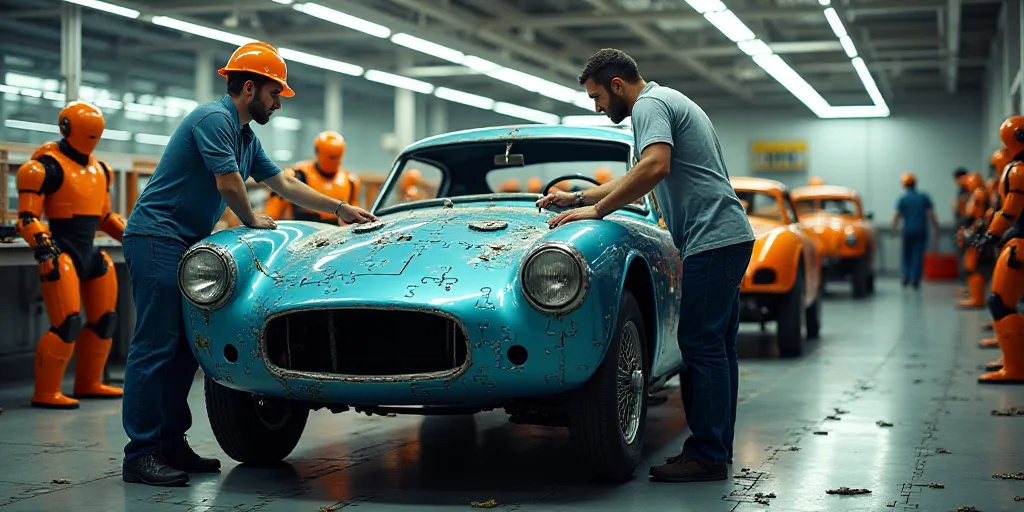 two men working on a car in a factory with other workers in the background looking at the car in the