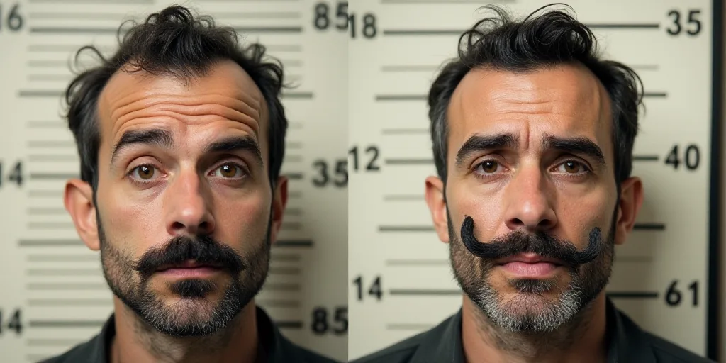 two mug shots of a man with a mustache and a mustache on his head, and a mug shot of a man with a mu