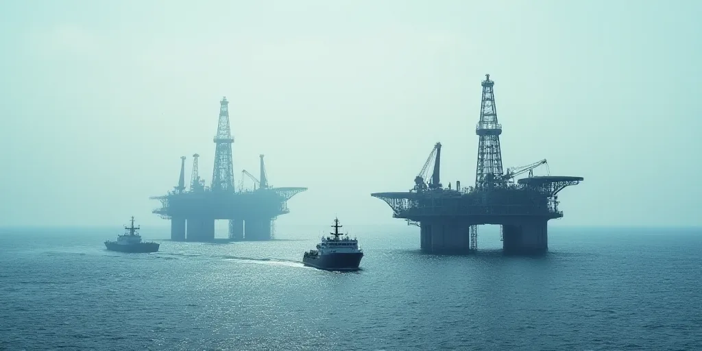 two oil rigs in the middle of the ocean with a sky background and a boat in the water, Constant Perm