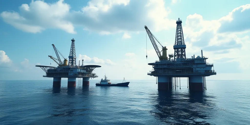 two oil rigs in the middle of the ocean with a sky background and a boat in the water, Bascove, oil,