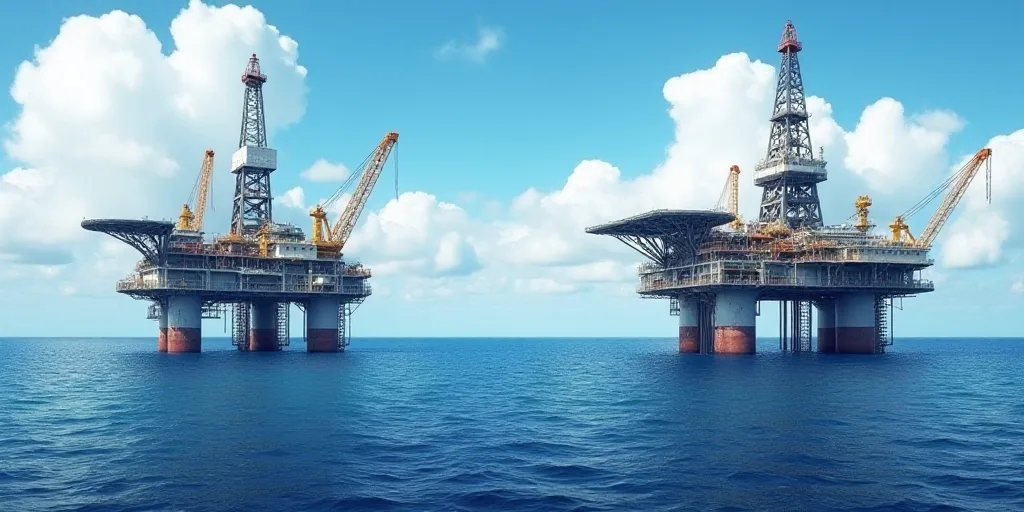 two oil rigs in the middle of the ocean with a sky background and clouds in the background,, Bascove