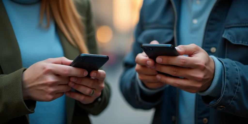 two people are using their cell phones together, one is holding a smart phone and the other is holdi