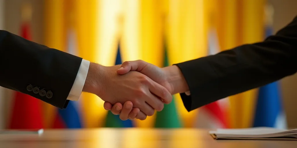 two people holding hands over a table with flags in the background of them and a flag in the backgro