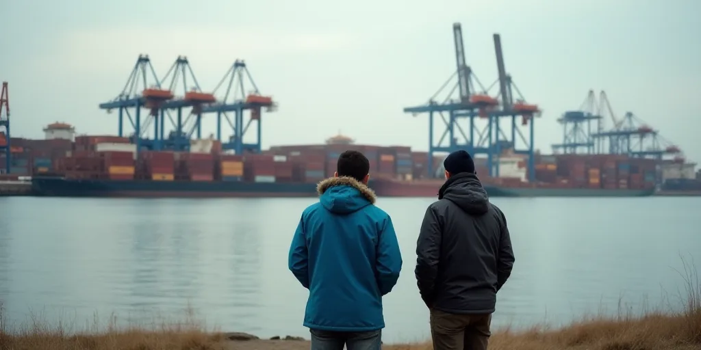 two people looking at a large container yard with cranes in the background and a body of water in th