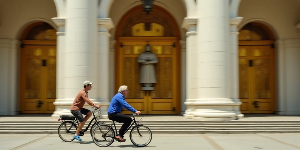 two people riding bikes in front of a building with a gold door and a statue on the front of the bui