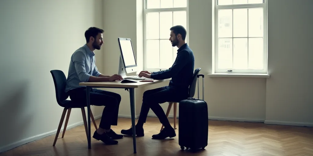 two people sitting at a desk with a computer and a keyboard and a suitcase on the floor next to them