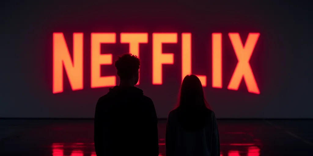 two people standing in front of a netflix sign at night time with the netflix logo on the wall behin