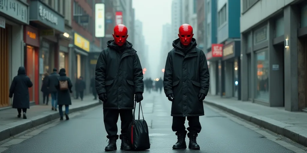 two people standing on a sidewalk with a red mask on their face and a bag in front of them, Ai Weiwe