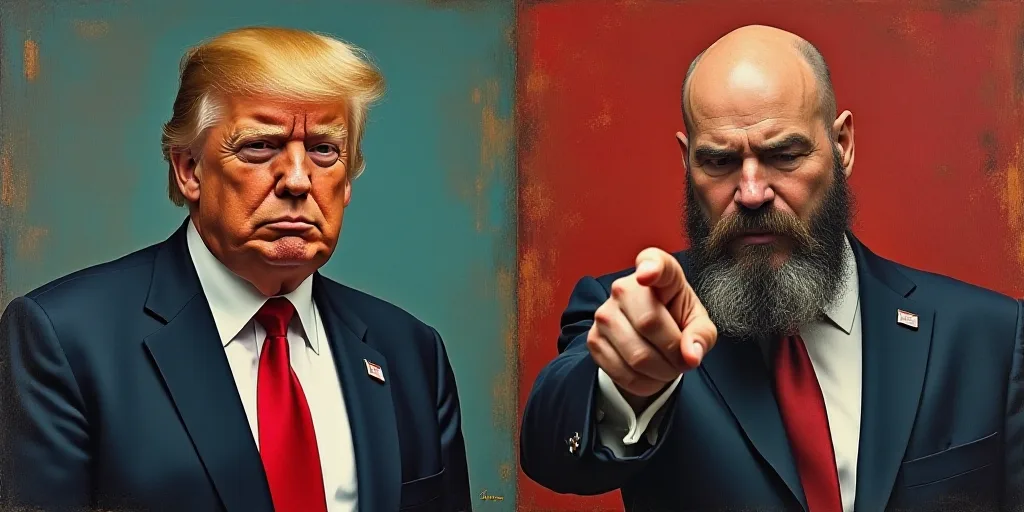 two photos of donald trump and a man with a beard and a suit jacket and tie, one of which is pointin