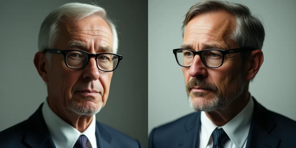 two pictures of a man with glasses and a tie on and a man with glasses on his head and a man with gl
