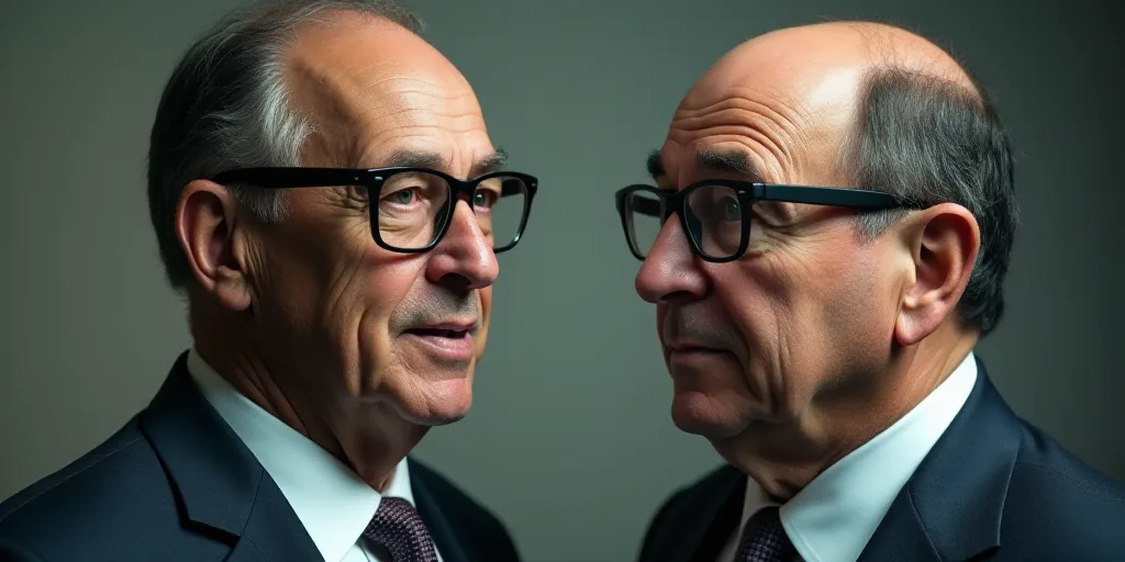 two pictures of a man with glasses and a tie on and a man with glasses on his head and a man with gl