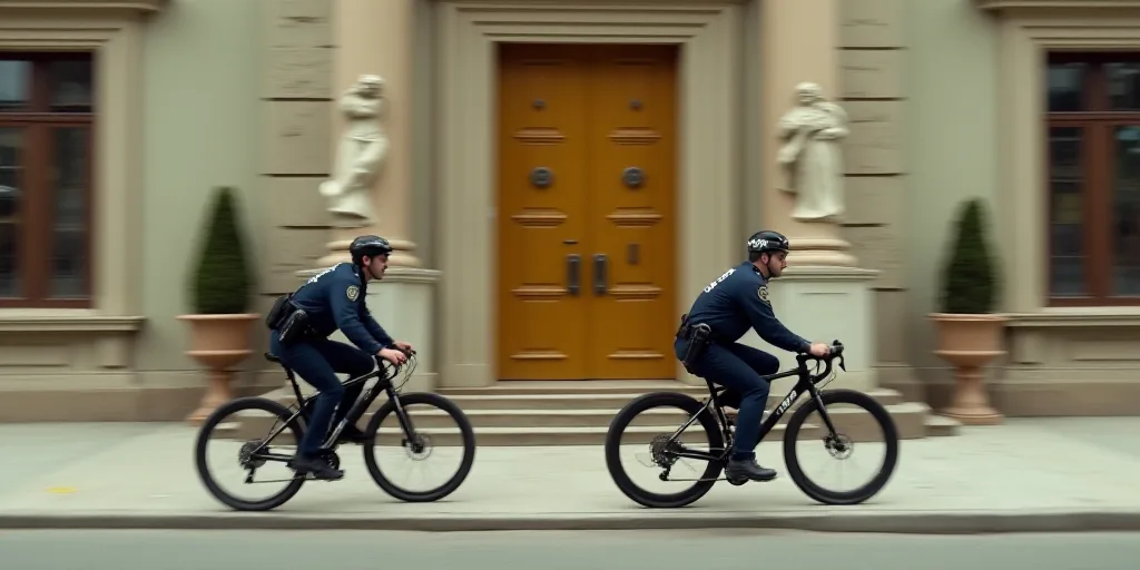 two police officers riding bikes in front of a building with a gold door and a statue on the side of