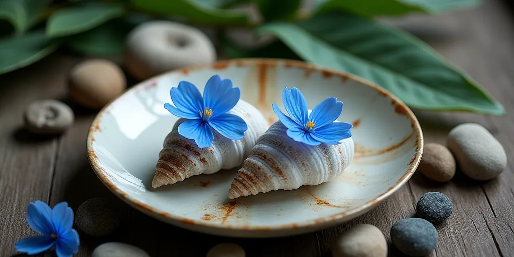 two shells with blue flowers on them on a plate with rocks and leaves around them on a table top, Cr