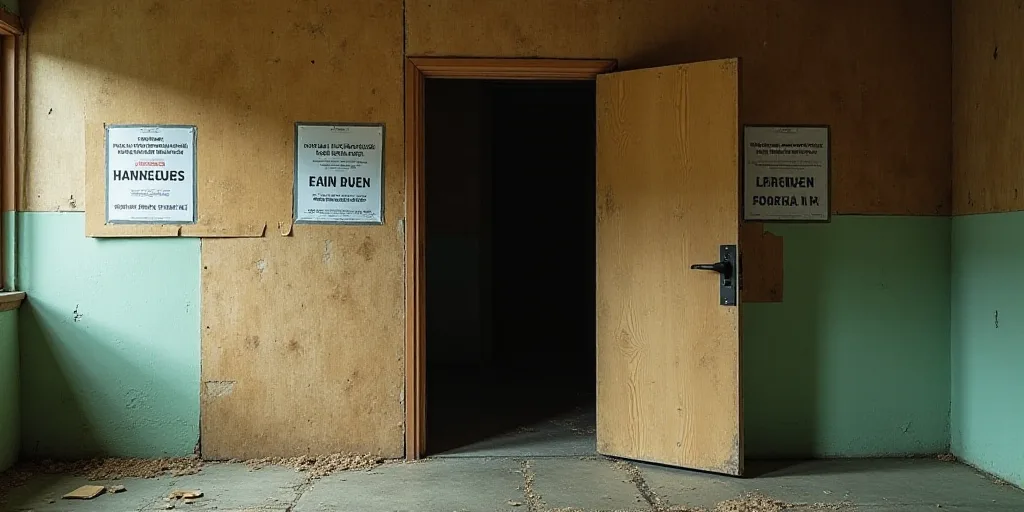 two signs are posted on the doors of a building that is being boarded up to the ceiling and the door