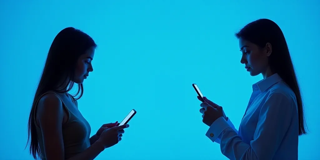 two women are standing in front of a blue background with a cell phone in their hand and a man in a