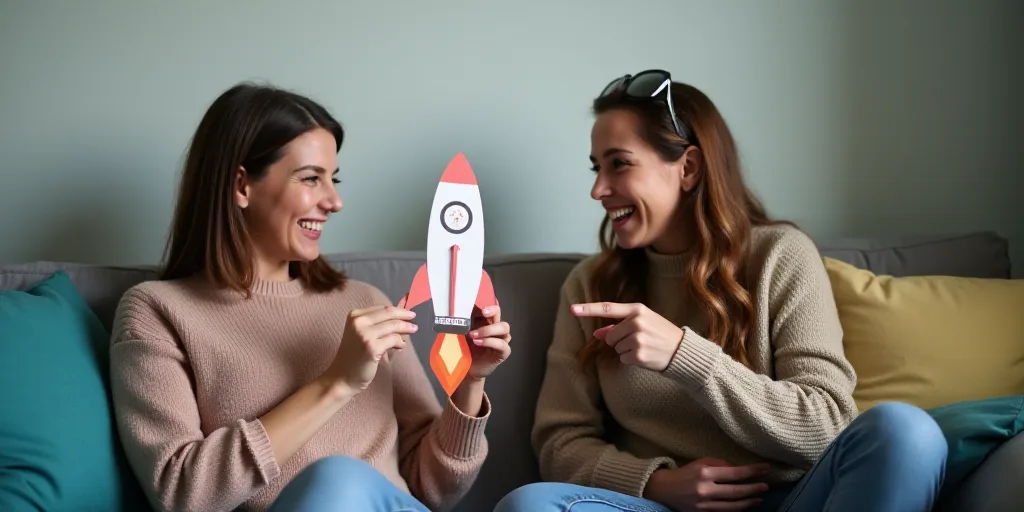 two women sitting on a couch and one is holding a rocket paper cutout and the other is pointing at i