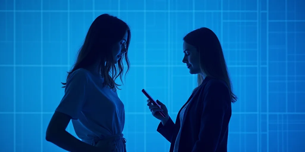 two women standing in front of a blue background with a cell phone in their hand and a blue backgrou