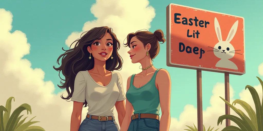 two women standing next to each other near a sign with a rabbit on it and a sign with a message on i