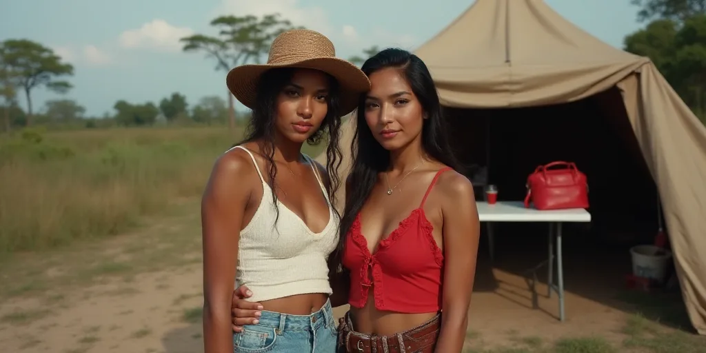 two women standing next to each other near a tent and a table with a white bag on it and a red hat o