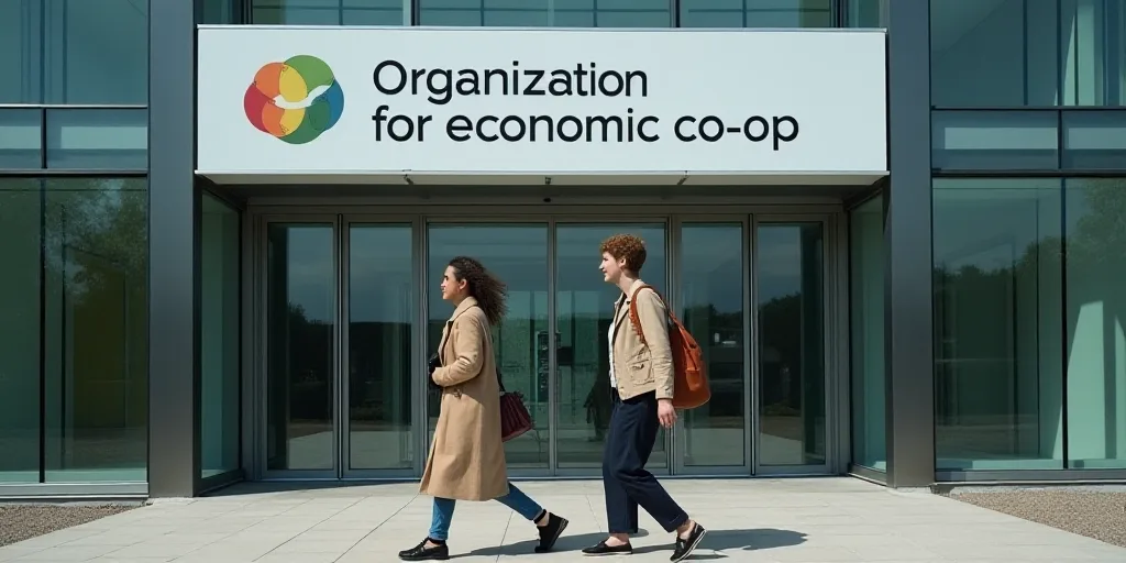 two women walking past a glass building with a sign on it that says organisation for economic co - o