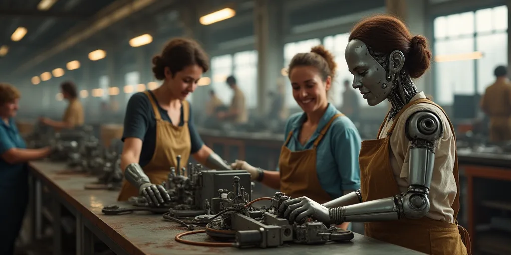 two women working on a machine in a factory with other workers nearby looking on and smiling at the
