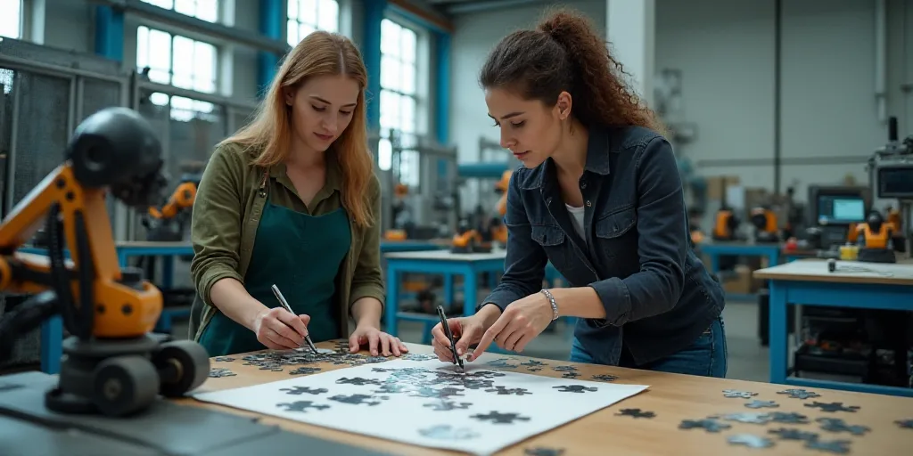 two women working on a project in a factory with machines and equipment in the background, and a man