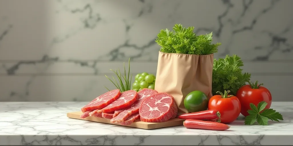a bag of food sitting on top of a marble counter top next to a bag of meat and vegetables, Alesso Ba