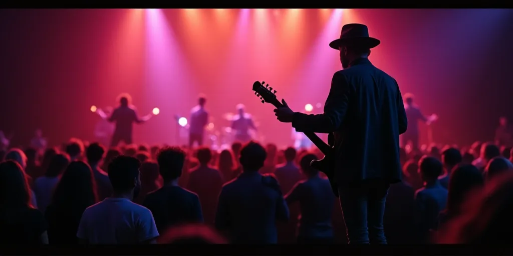 a band playing on stage with a crowd watching them and a man in a black jacket and hat with a guitar