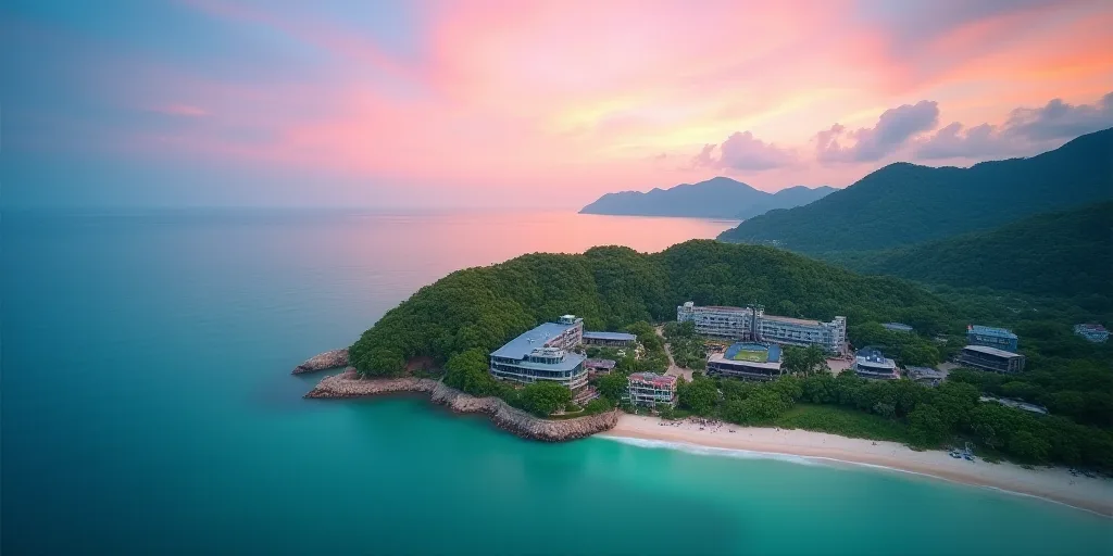 a bird's eye view of a beach resort and resort in the ocean with a colorful sky in the background, C