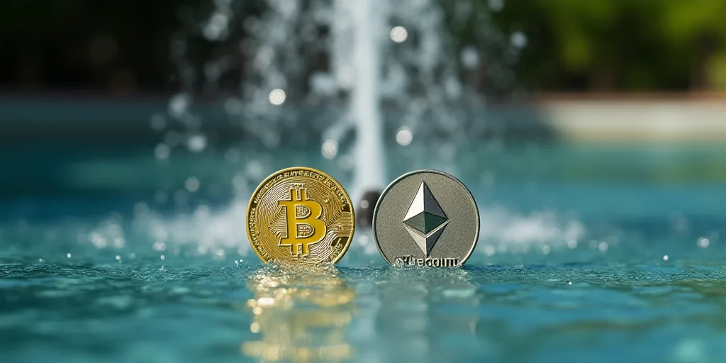 a bitcoin and ethereum coin are seen in the water of a fountain in this picture taken on july 29, 20
