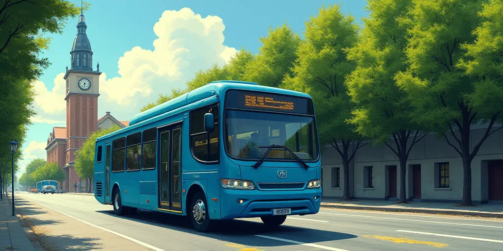 a blue bus driving down a street next to a forest of trees and a building with a clock on it, Eduard