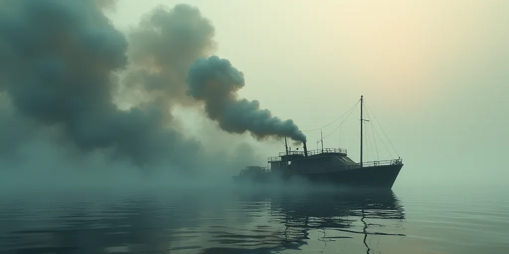 a boat is in the water with a lot of smoke coming out of it's back end and a large amount of smoke c