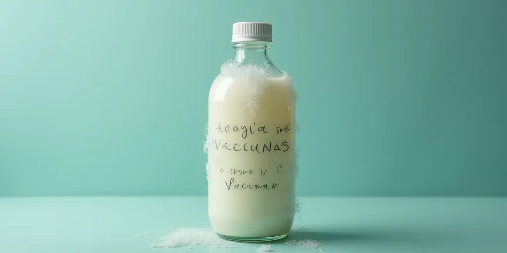 a bottle of vacunas with the words vacunas removed in spanish and english on the side, Aquirax Uno,