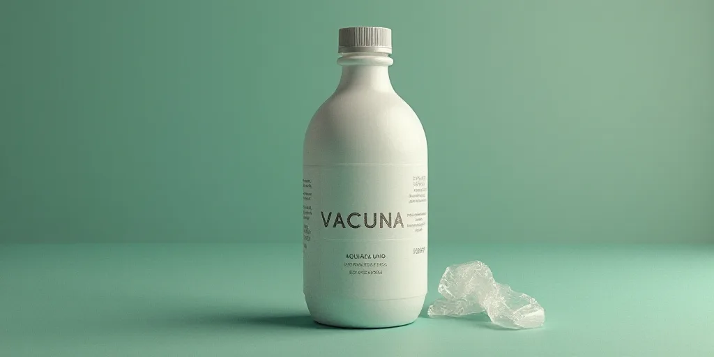 a bottle of vacunas with the words vacunas removed in spanish and english on the side, Aquirax Uno,