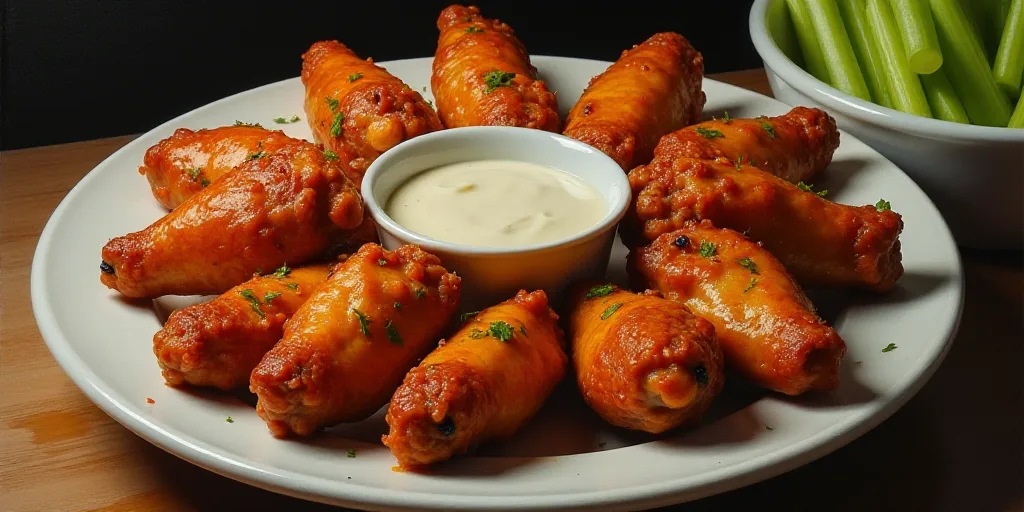 a bowl of chicken wings with a dip in the middle of it and a bowl of celery, Dom Qwek, wings, a phot