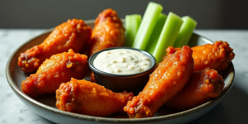 a bowl of chicken wings with a dip in the middle of it and a bowl of celery, Dom Qwek, wings, a phot